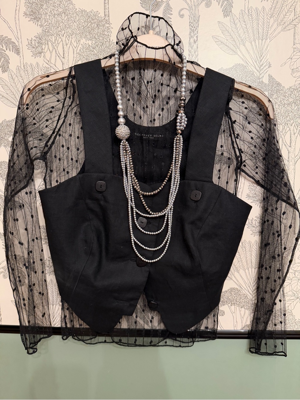 Black Sheer Polka-Dot Blouse with Black Structured Vest size s